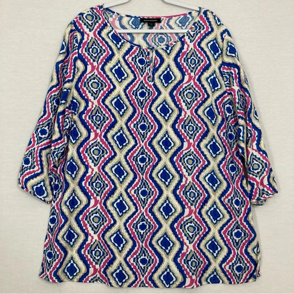 Ashley Stewart Geometric Pink Blue Multi Linen Blend Side Slit Tunic size 16W